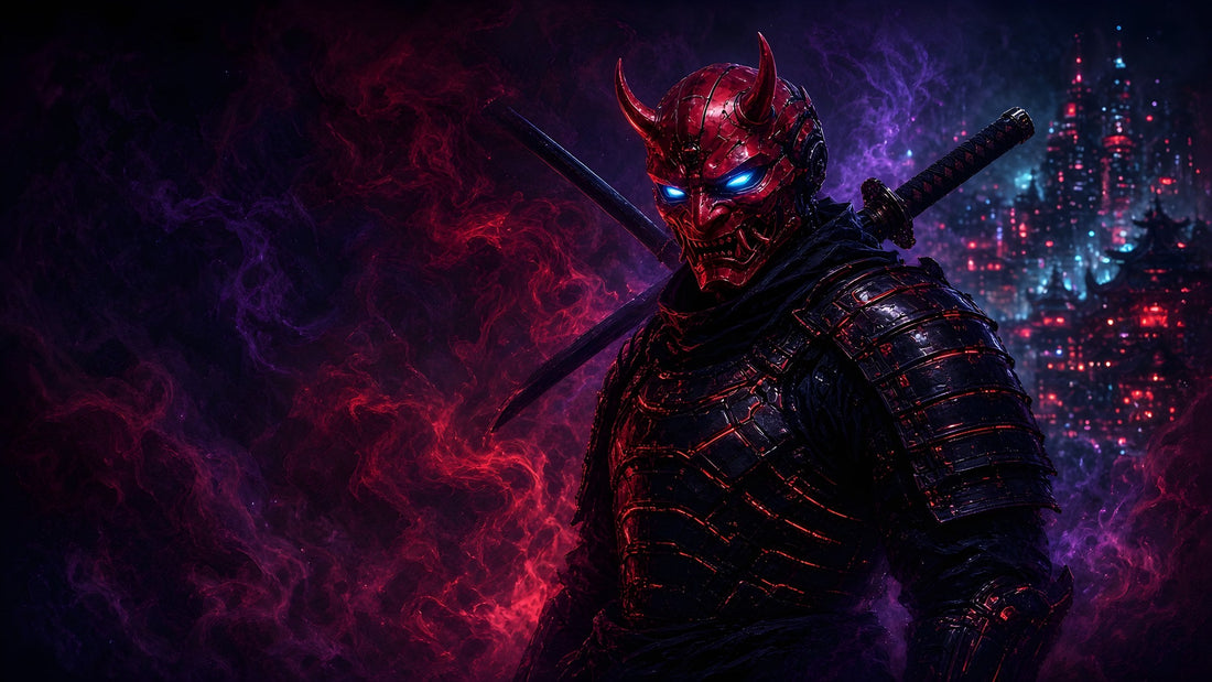 Cyberpunk desk mat with a samurai in a glowing red oni mask and red and violet neon smoke, the Oni Mask Ronin design by ASTRO2049