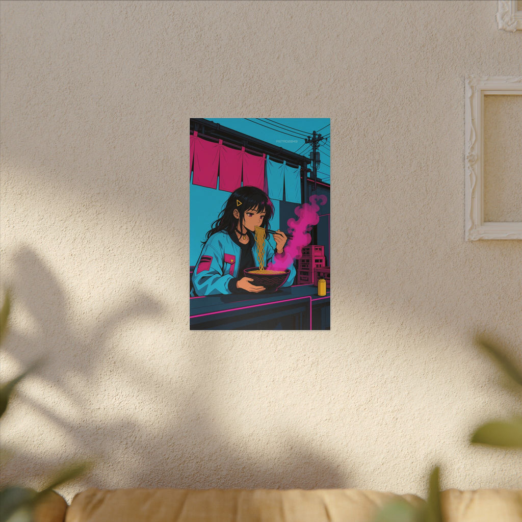 Ramen Stall Messenger canvas hanging above a dark gaming desk with neon lighting, view 7 of 8