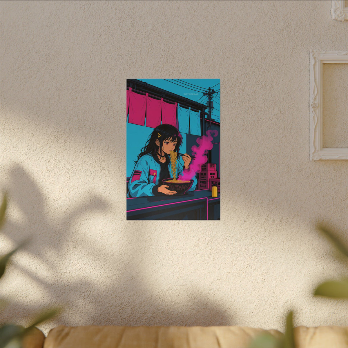 Ramen Stall Messenger canvas hanging above a dark gaming desk with neon lighting, view 7 of 8