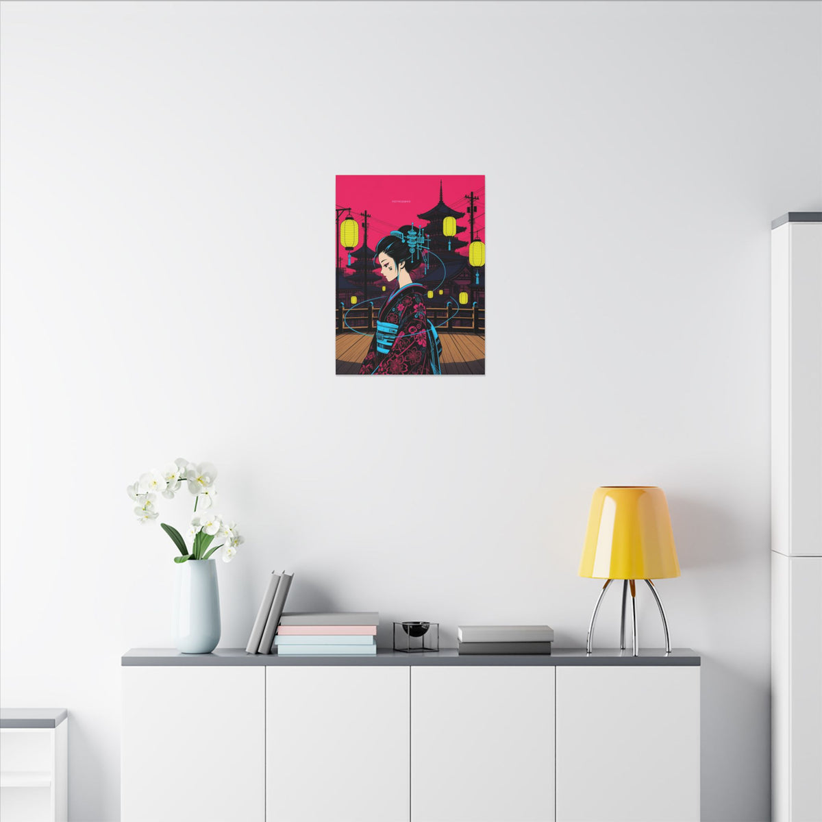 Lantern Bridge Geisha canvas hanging above a dark gaming desk with neon lighting, view 5 of 8