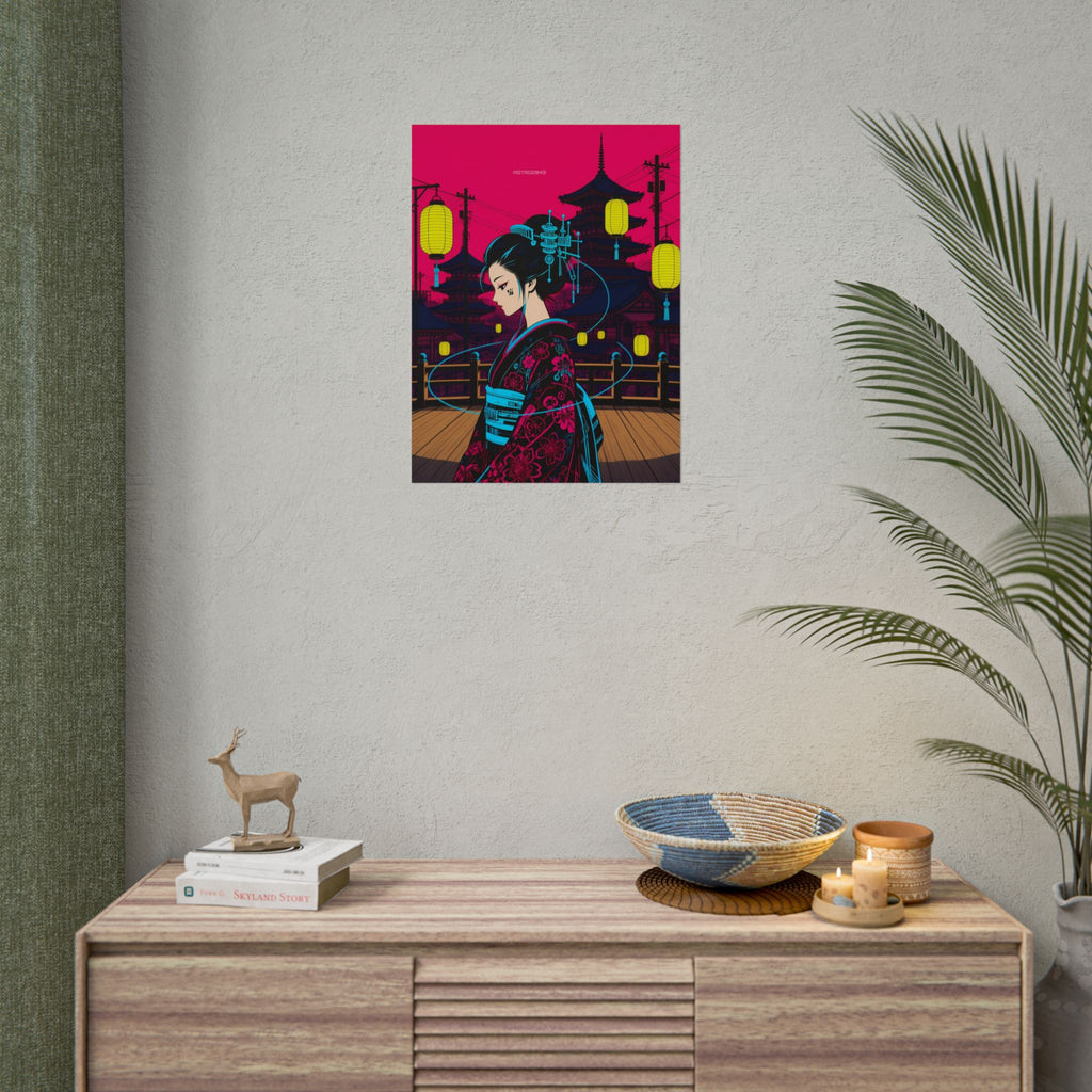 Lantern Bridge Geisha poster hanging above a dark gaming desk with neon lighting, view 8 of 8