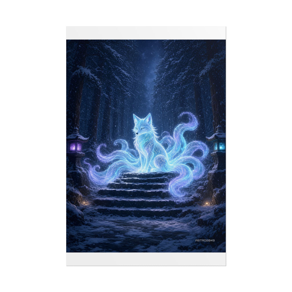 Vertical art of a luminous nine-tailed fox spirit on snowy stone steps in a dark cedar forest with glowing lanterns, poster by ASTRO2049