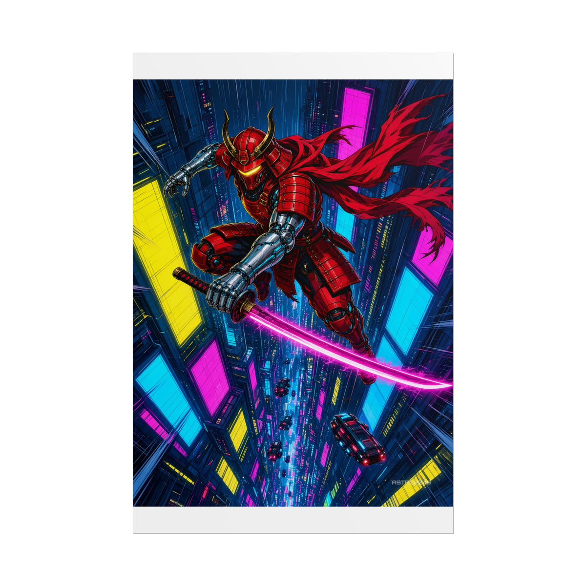 Vertical anime-style art of a red-armoured cyber samurai with a glowing katana leaping over neon skyscrapers, poster by ASTRO2049