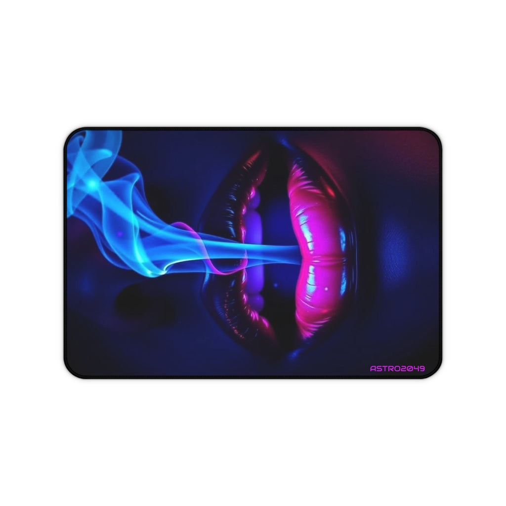 Neon Lips desk mat, 12 x 18 in – glowing pink lips exhaling blue neon smoke on a dark background, original cyberpunk art by ASTRO2049