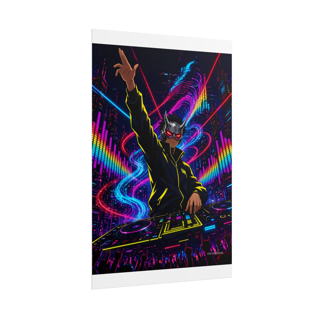 Bassline Oni DJ poster hanging above a dark gaming desk with neon lighting, view 4 of 8