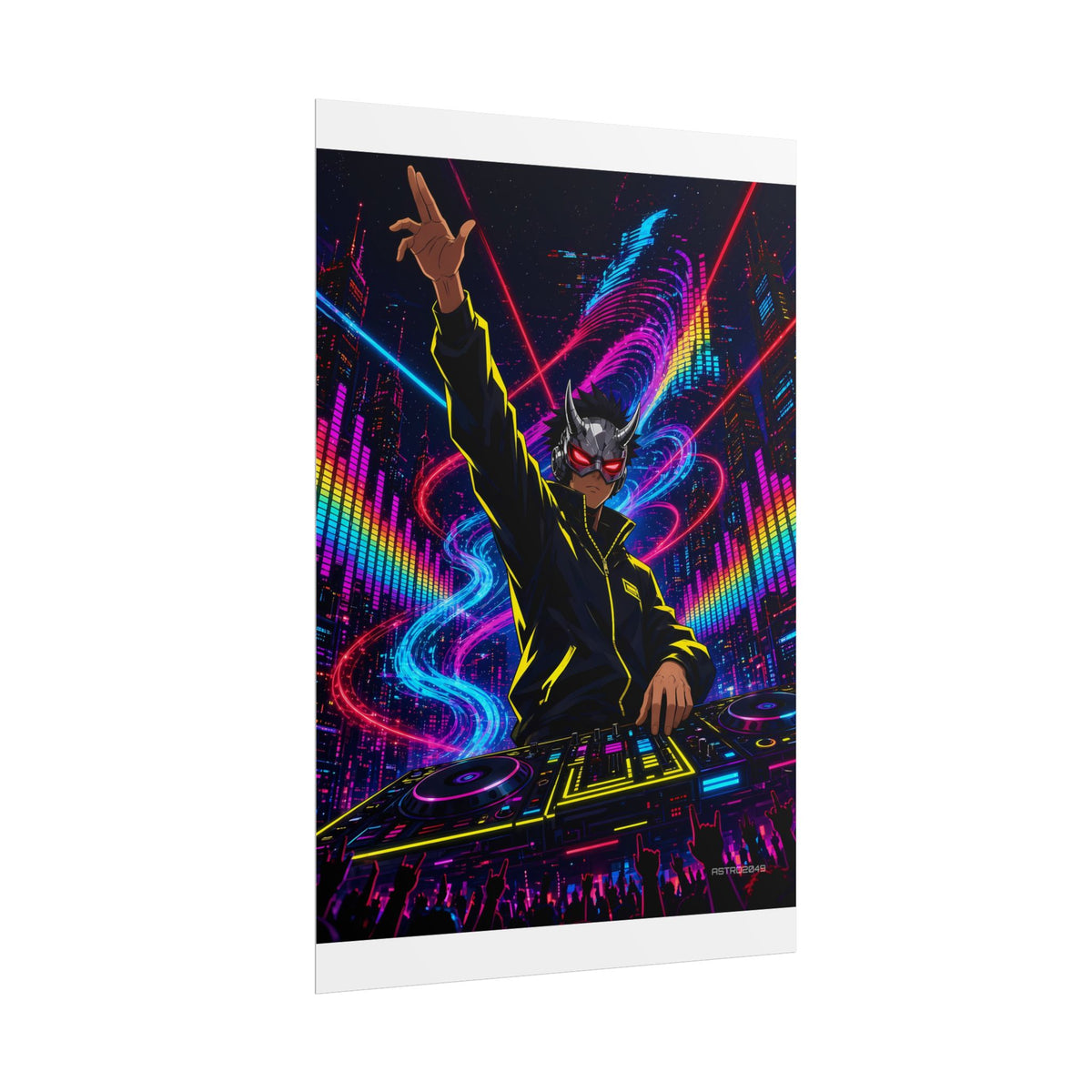 Bassline Oni DJ poster hanging above a dark gaming desk with neon lighting, view 4 of 8