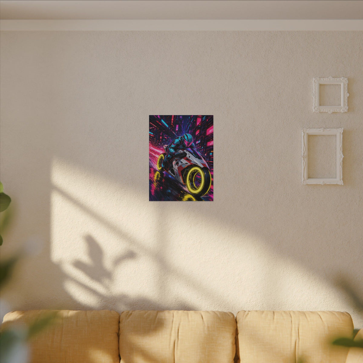 Hyperlane Rider canvas hanging above a dark gaming desk with neon lighting, view 4 of 8