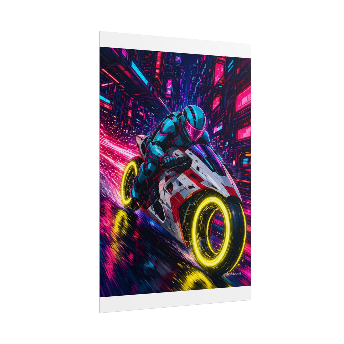 Hyperlane Rider poster hanging above a dark gaming desk with neon lighting, view 4 of 8