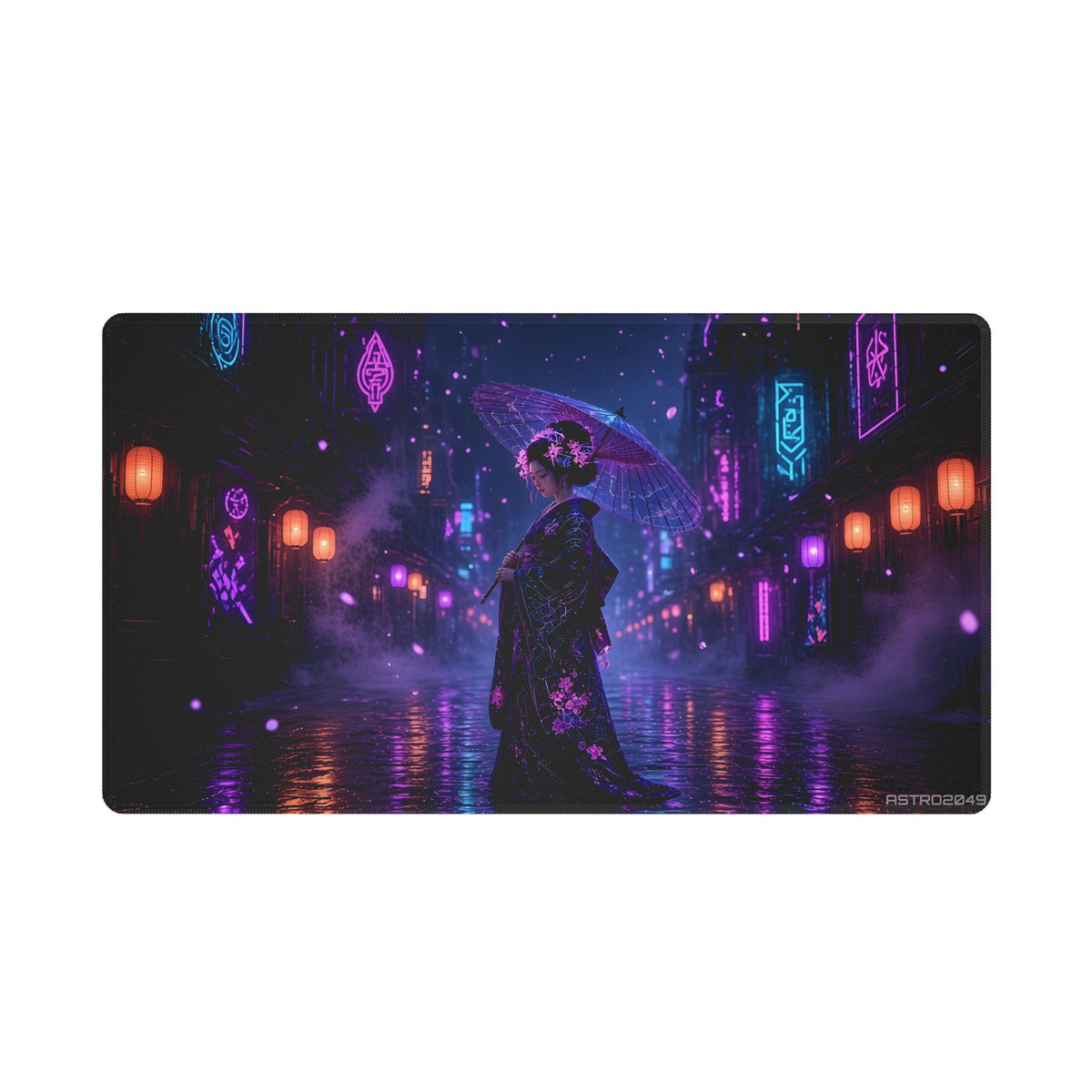 Lantern Rain Geisha stitched edge desk mat, 24 x 14 in – a neon geisha with a glowing umbrella in a rainy lantern alley, original cyberpunk geisha art by ASTRO2049
