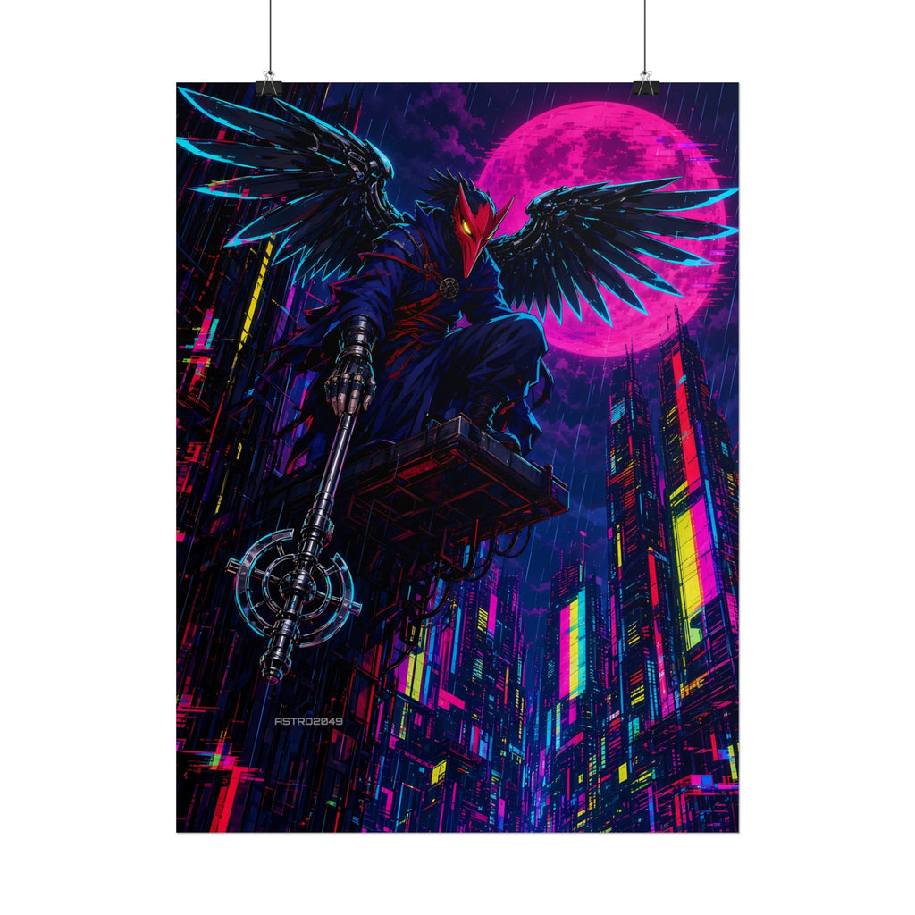 Chrome Tengu Sentinel poster hanging above a dark gaming desk with neon lighting, view 6 of 8