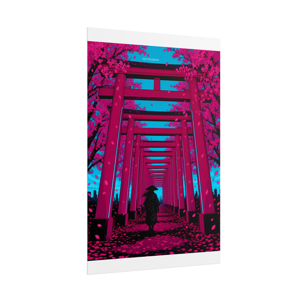 Torii Tunnel Samurai poster hanging above a dark gaming desk with neon lighting, view 4 of 8