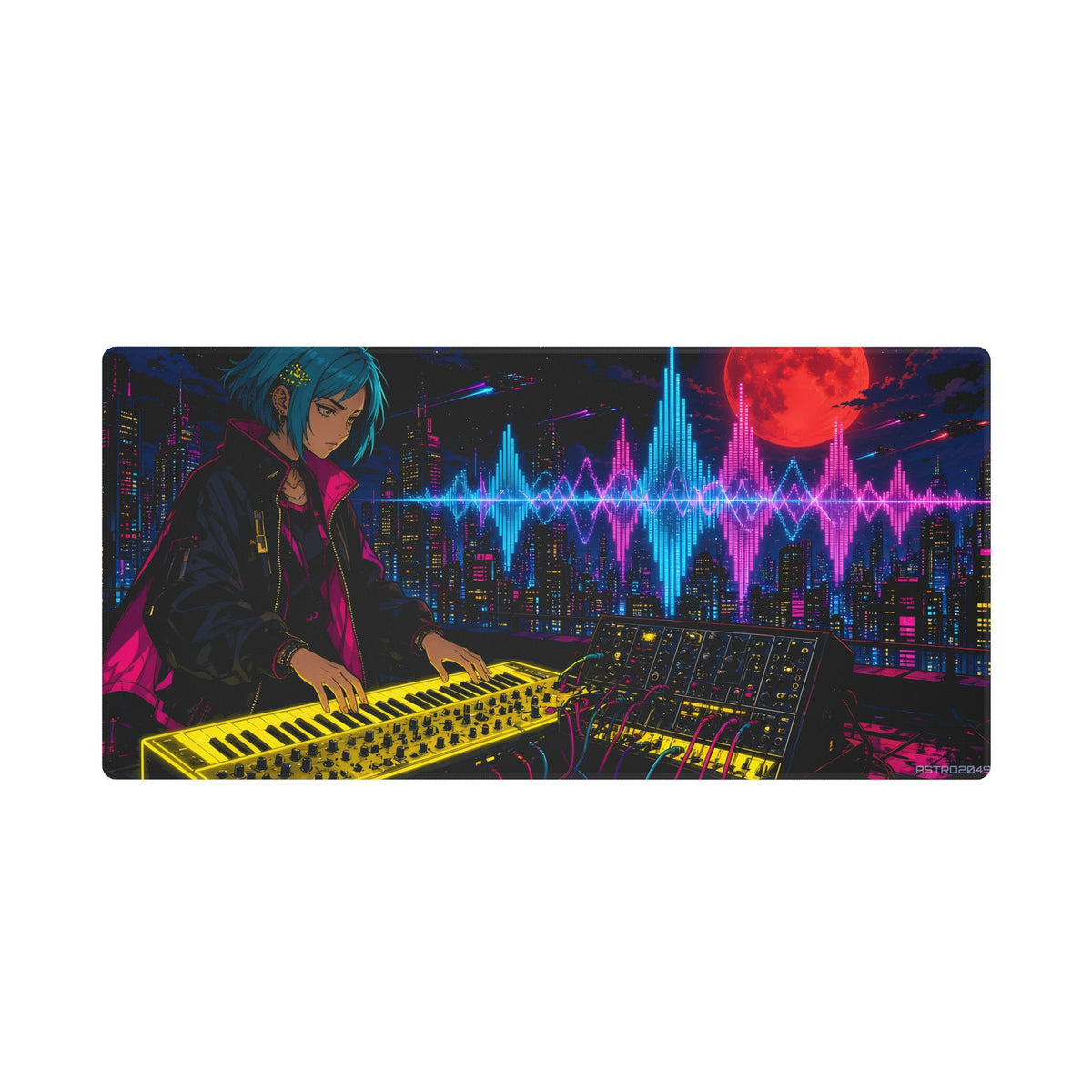 Rooftop Synth Runner desk mat under a keyboard and mouse in a dark neon gaming setup – 36 x 18 in