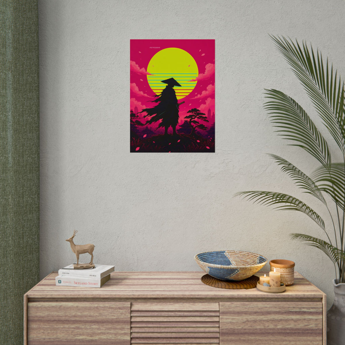 Retrowave Sun Ronin poster hanging above a dark gaming desk with neon lighting, view 8 of 8