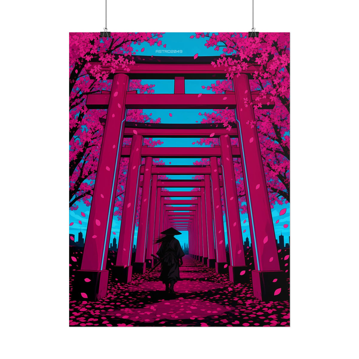 Torii Tunnel Samurai poster hanging above a dark gaming desk with neon lighting, view 6 of 8