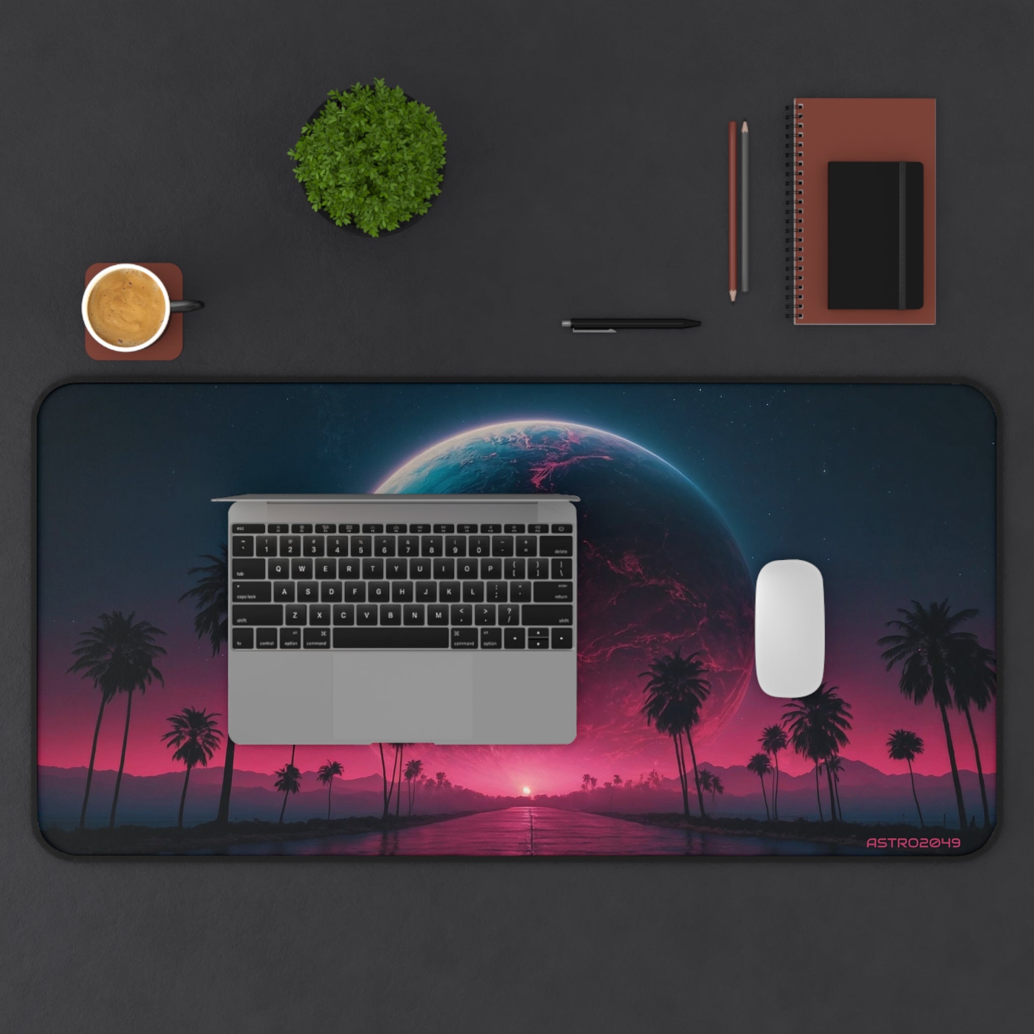 CYBERPUNK - RETROWAVE - Cosmic Oasis Desk Mat - Vibrant Gaming Pad, Office Decor, Gift for Space Lovers, Planet Themed