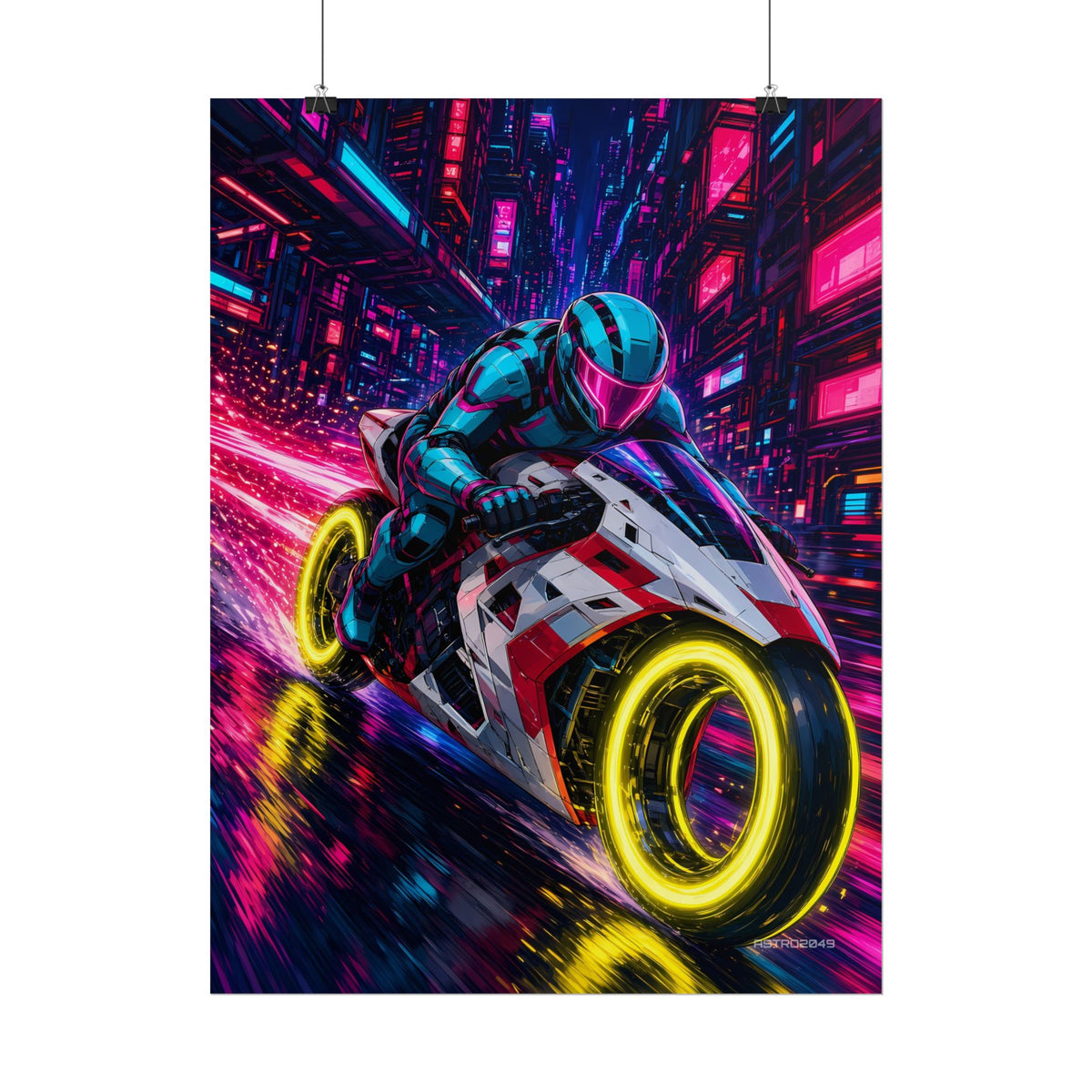 Hyperlane Rider poster hanging above a dark gaming desk with neon lighting, view 6 of 8