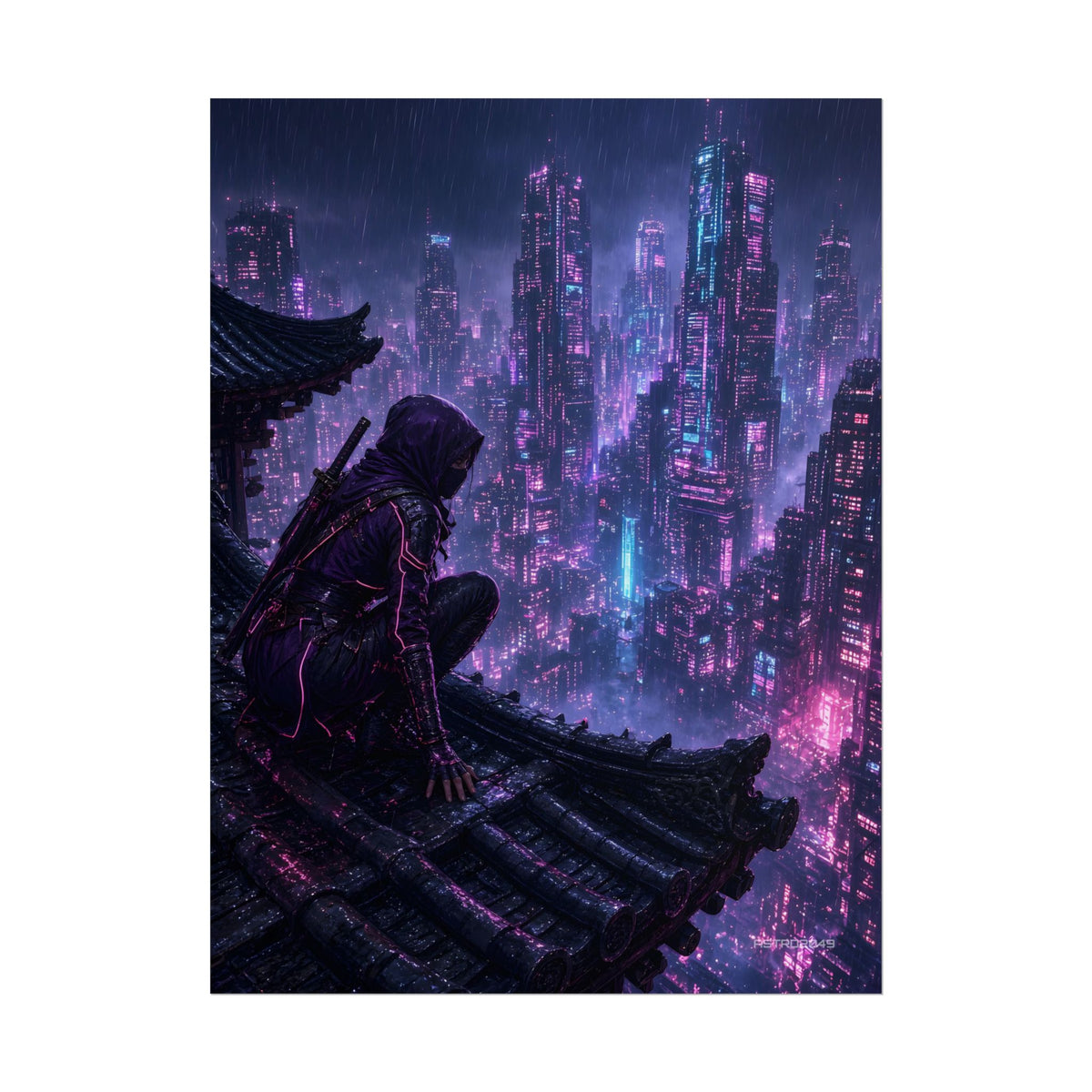 Neon Rooftop Kunoichi poster hanging above a dark gaming desk with neon lighting, view 2 of 8