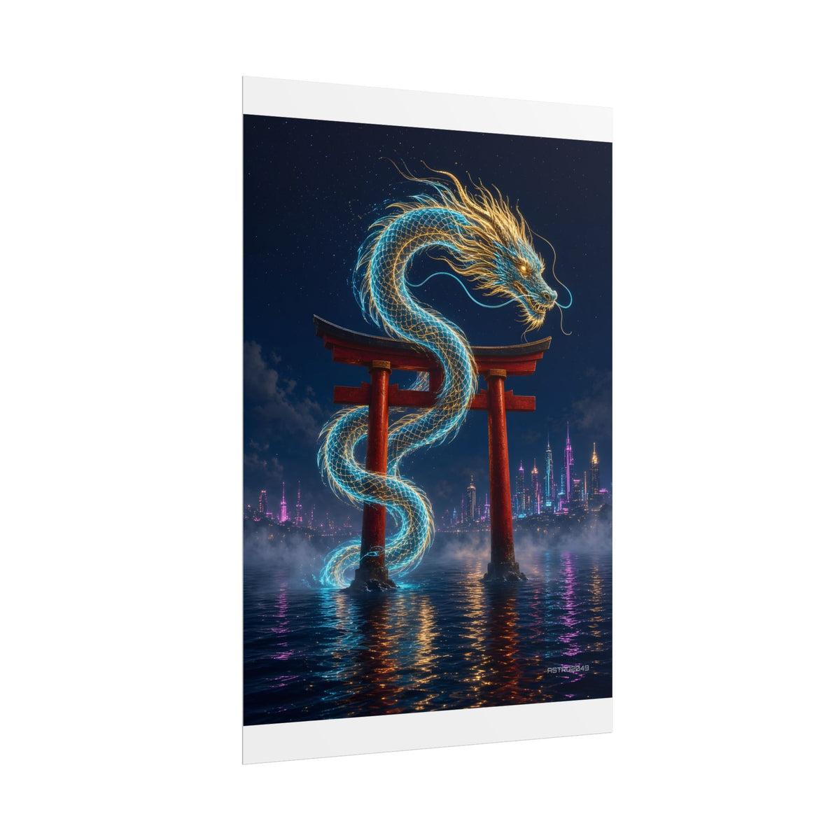 Tide Gate Dragon poster hanging above a dark gaming desk with neon lighting, view 4 of 8