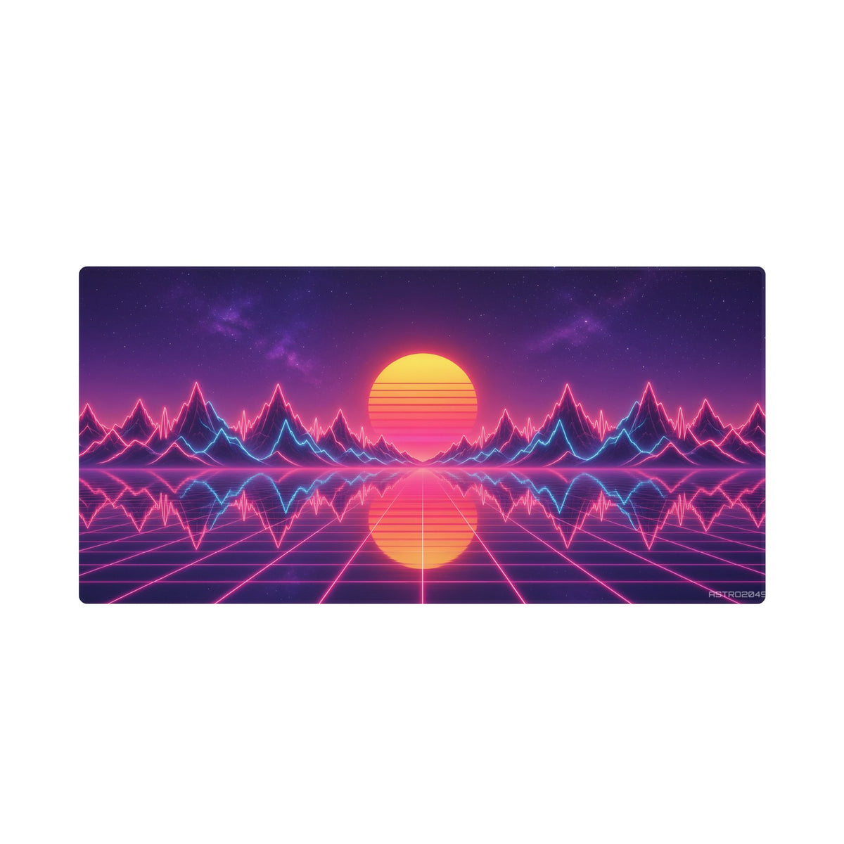 Waveform Sunset desk mat under a keyboard and mouse in a dark neon gaming setup – 48 x 24 in