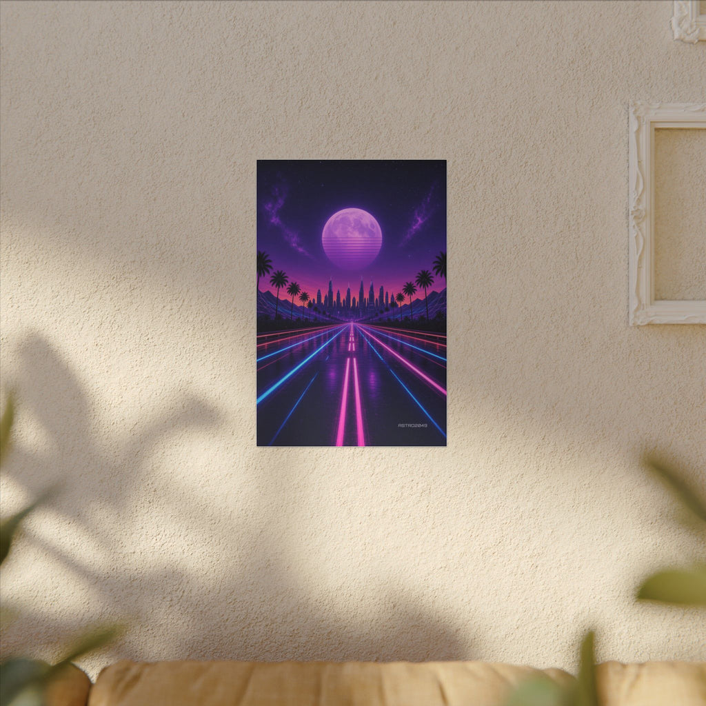 Night Drive 2049 canvas hanging above a dark gaming desk with neon lighting, view 7 of 8