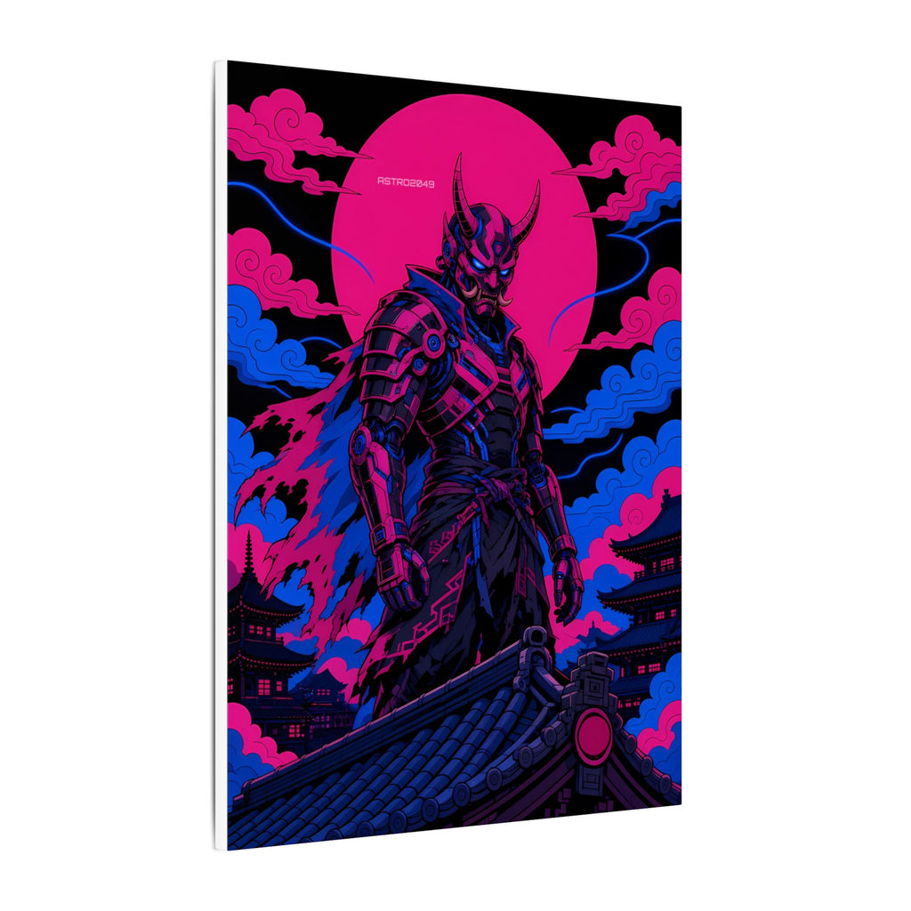 Temple Roof Oni Warlord canvas hanging above a dark gaming desk with neon lighting, view 3 of 8
