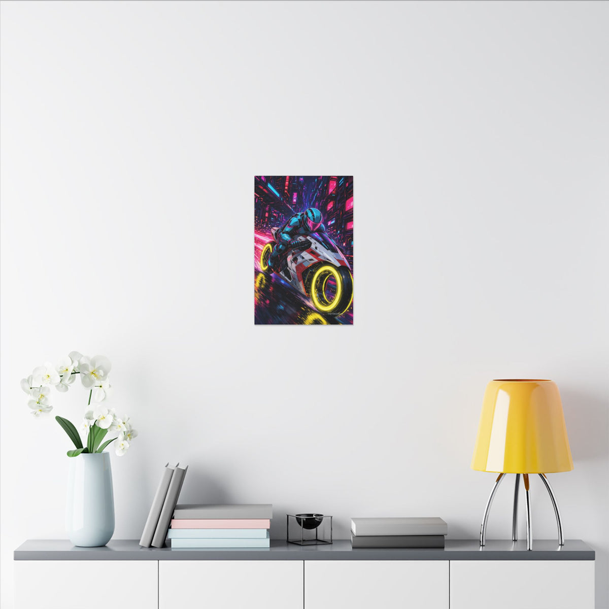 Hyperlane Rider canvas hanging above a dark gaming desk with neon lighting, view 8 of 8