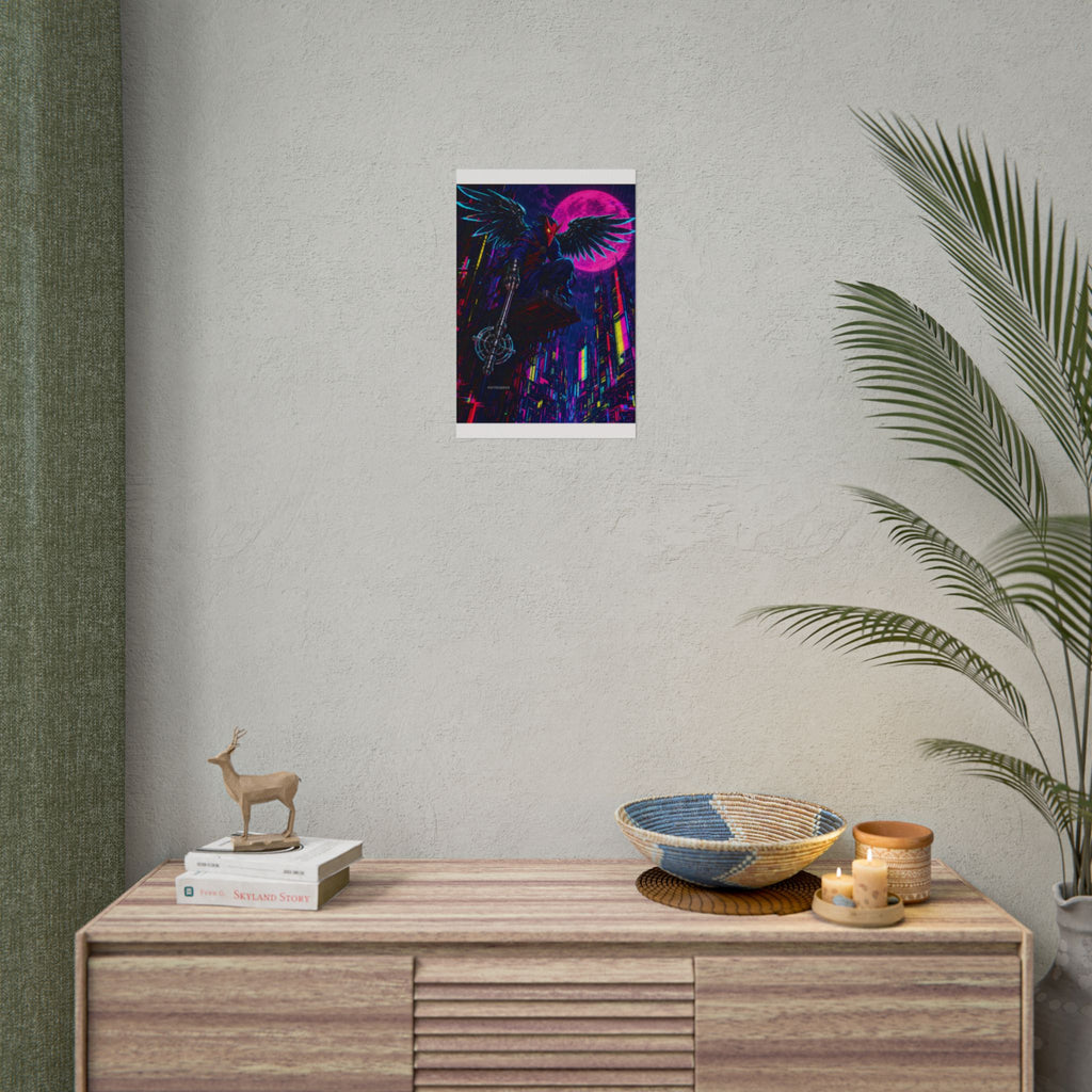 Chrome Tengu Sentinel poster hanging above a dark gaming desk with neon lighting, view 5 of 8