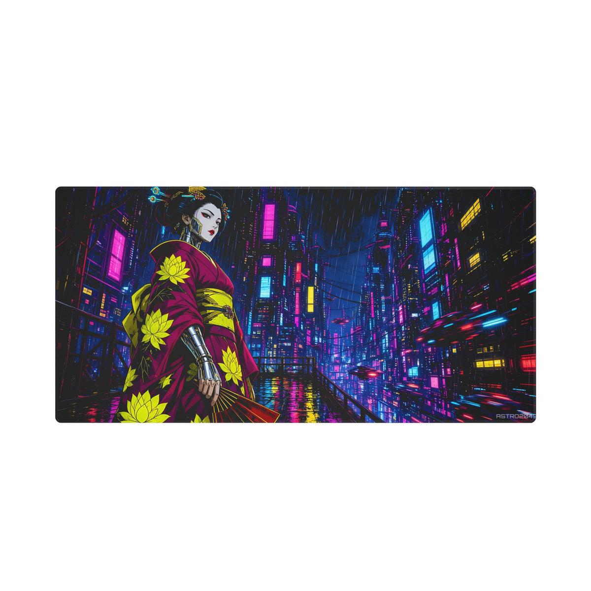 Chrome Lotus Geisha desk mat under a keyboard and mouse in a dark neon gaming setup – 48 x 24 in