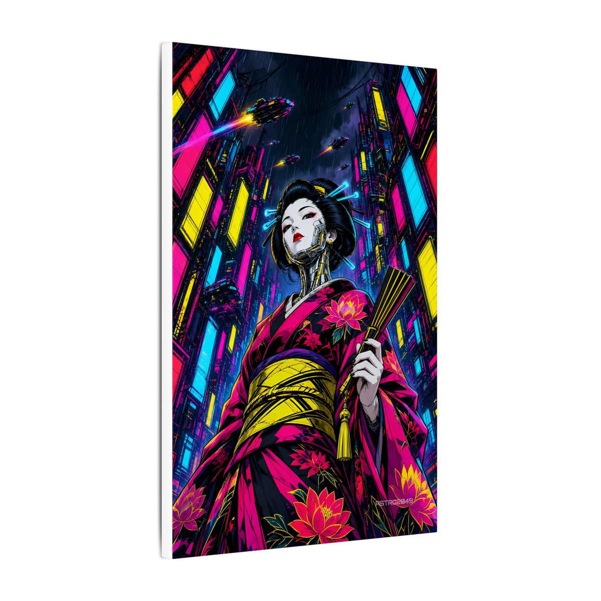 Chrome Lotus Geisha canvas hanging above a dark gaming desk with neon lighting, view 6 of 8