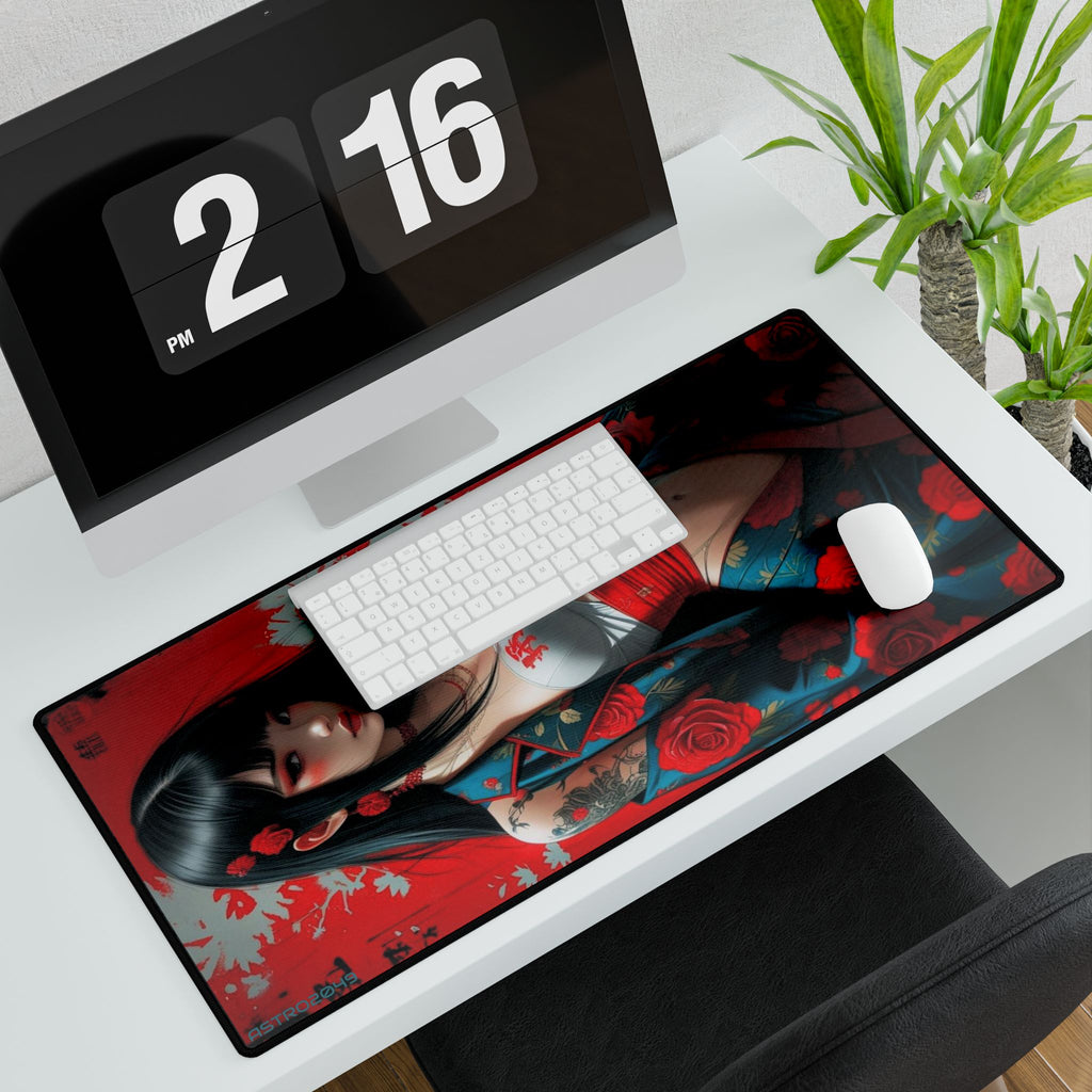 CYBERPUNK - GEISHA - Elegant Floral Desk Mat - Japanese Art, Gaming Desk Pad, Home Office Decor, Mouse Pad, Modern Workspace Accessory
