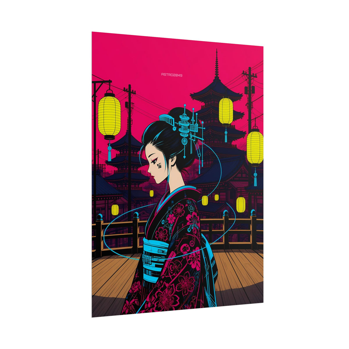 Lantern Bridge Geisha poster hanging above a dark gaming desk with neon lighting, view 7 of 8