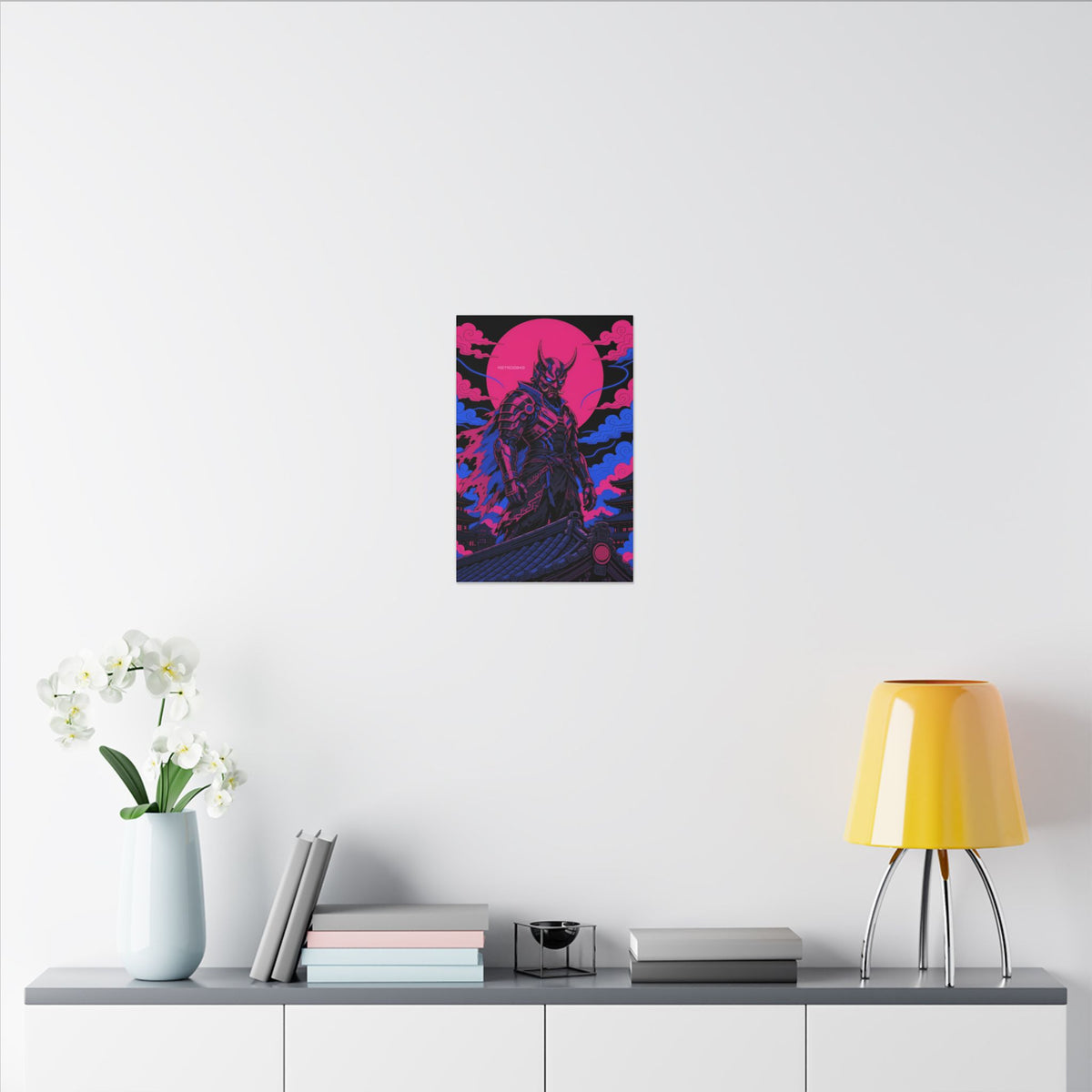 Temple Roof Oni Warlord canvas hanging above a dark gaming desk with neon lighting, view 8 of 8