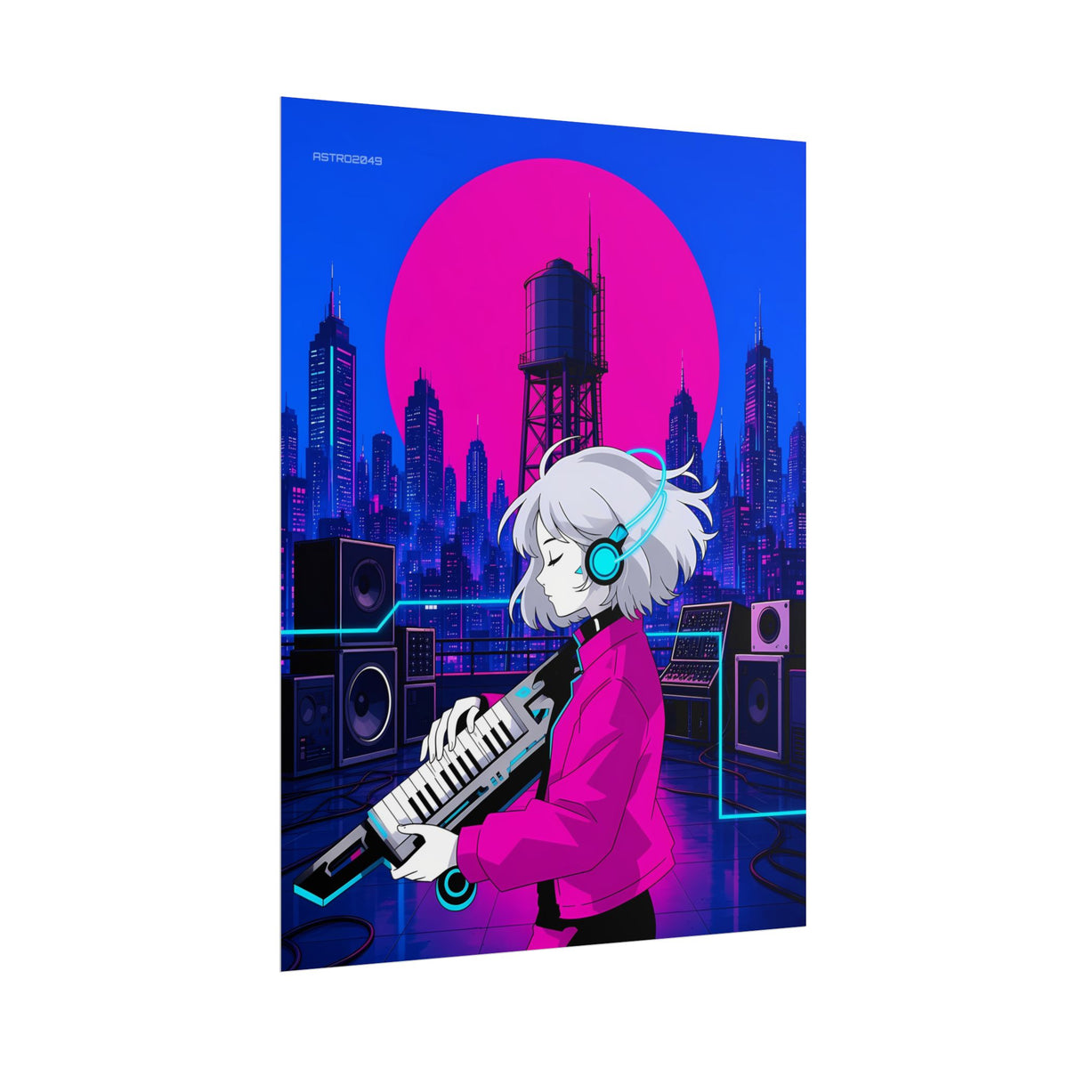Lumi Keytar Signal poster hanging above a dark gaming desk with neon lighting, view 7 of 8