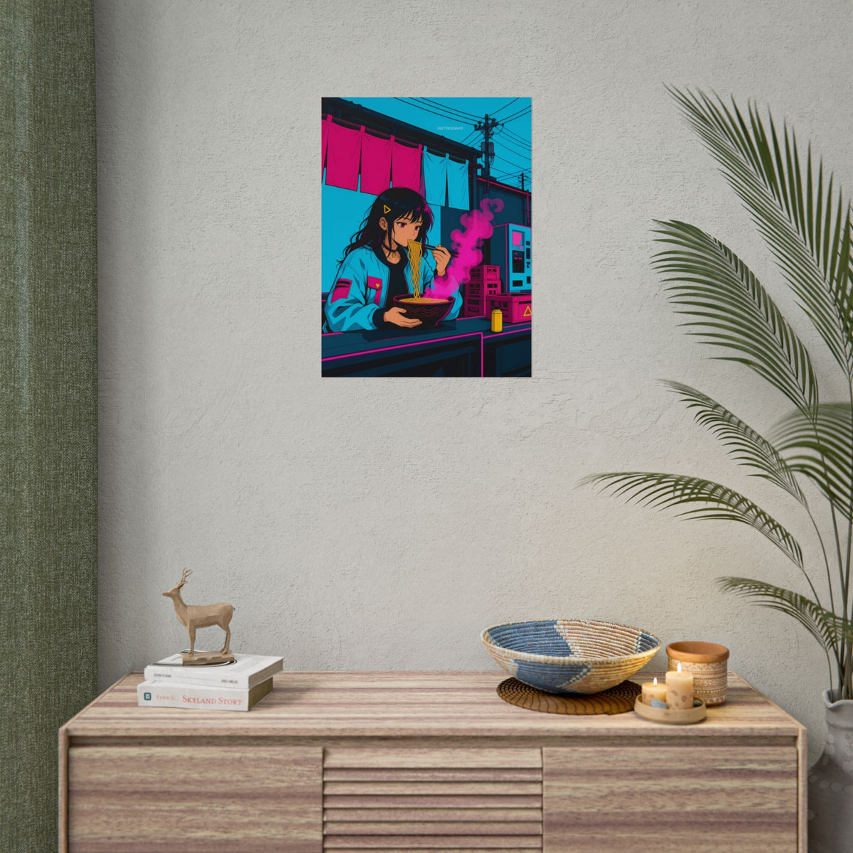 Ramen Stall Messenger poster hanging above a dark gaming desk with neon lighting, view 8 of 8