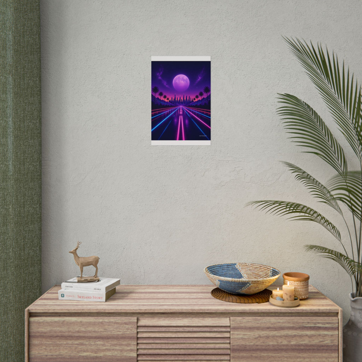 Night Drive 2049 poster hanging above a dark gaming desk with neon lighting, view 5 of 8