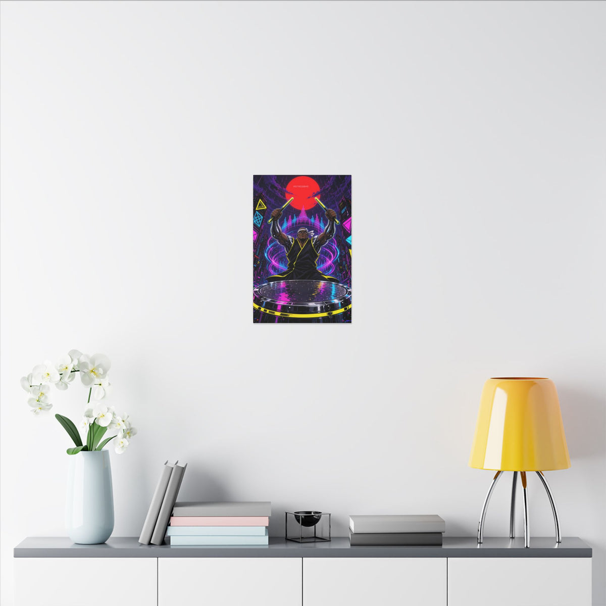 Taiko Thunder 2049 canvas hanging above a dark gaming desk with neon lighting, view 8 of 8