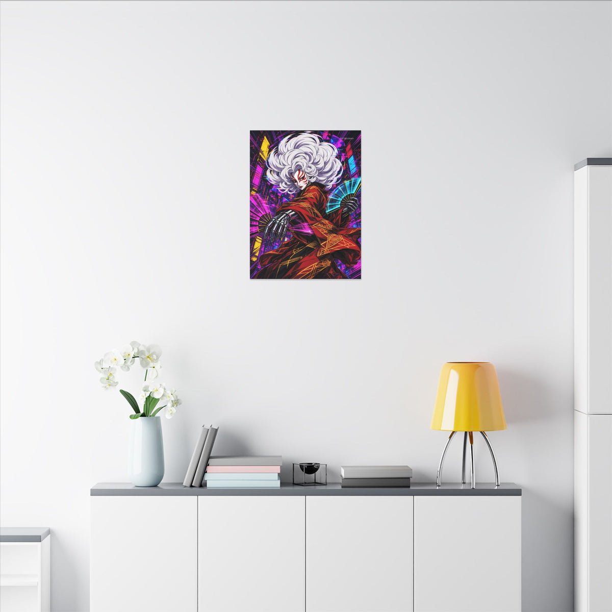 Kabuki Glitch Dancer canvas hanging above a dark gaming desk with neon lighting, view 5 of 8