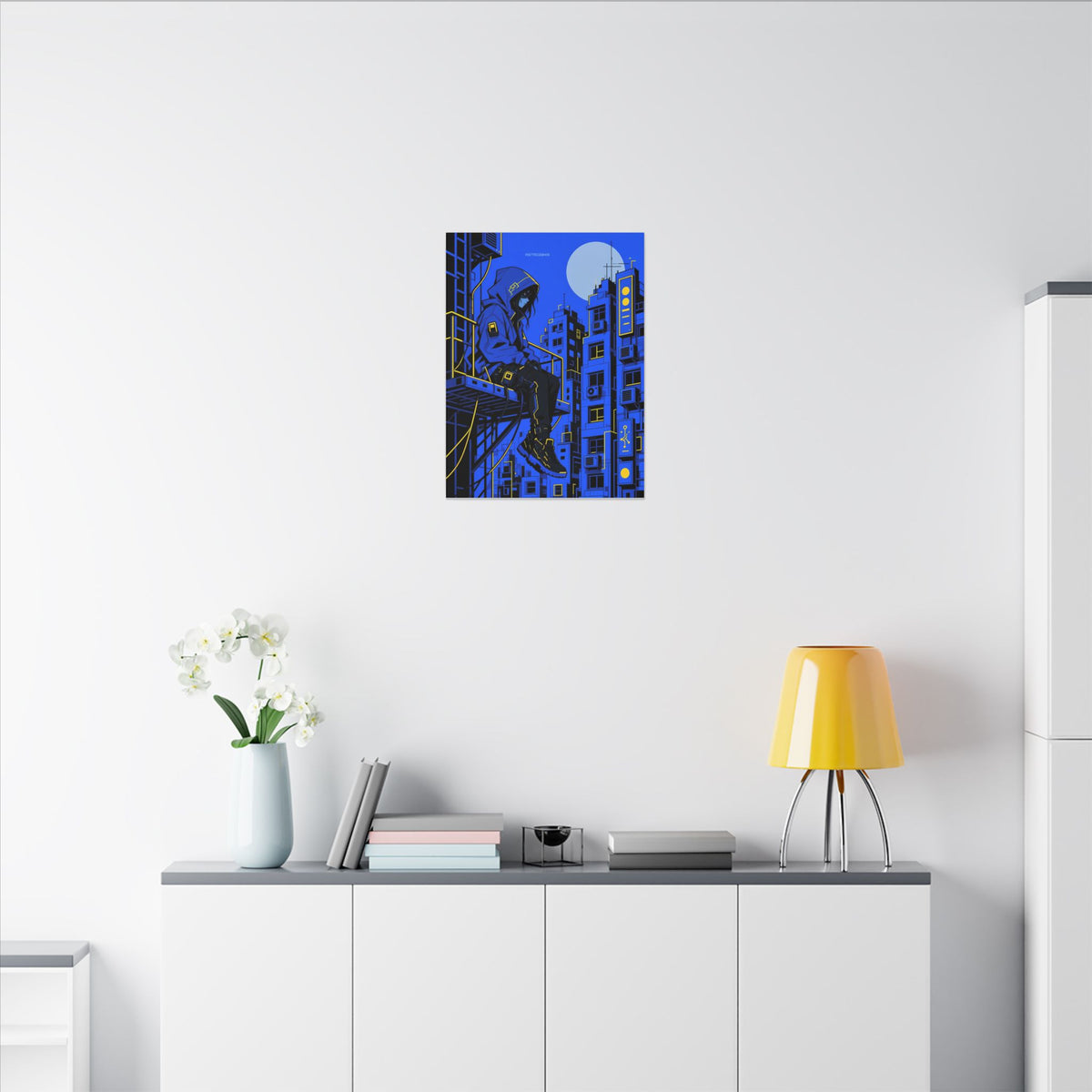 Fire Escape Netrunner canvas hanging above a dark gaming desk with neon lighting, view 5 of 8