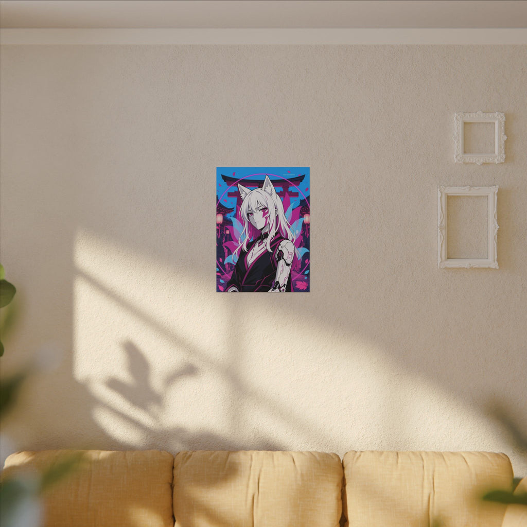 Cyber Kitsune Guardian canvas hanging above a dark gaming desk with neon lighting, view 4 of 8
