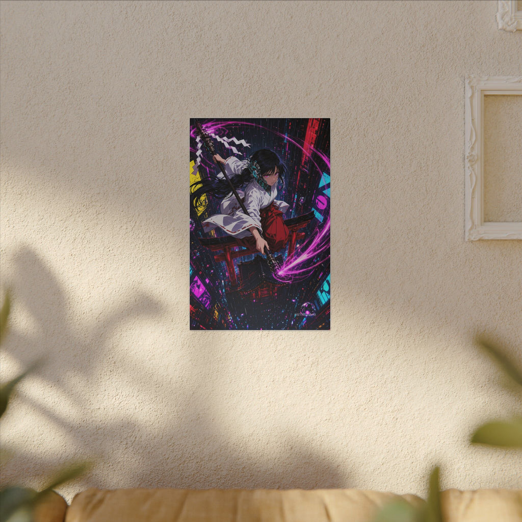 Neon Shrine Maiden canvas hanging above a dark gaming desk with neon lighting, view 7 of 8