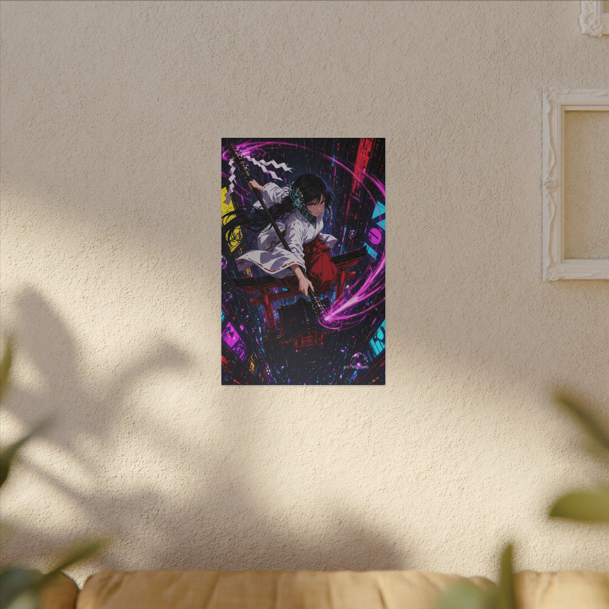 Neon Shrine Maiden canvas hanging above a dark gaming desk with neon lighting, view 7 of 8