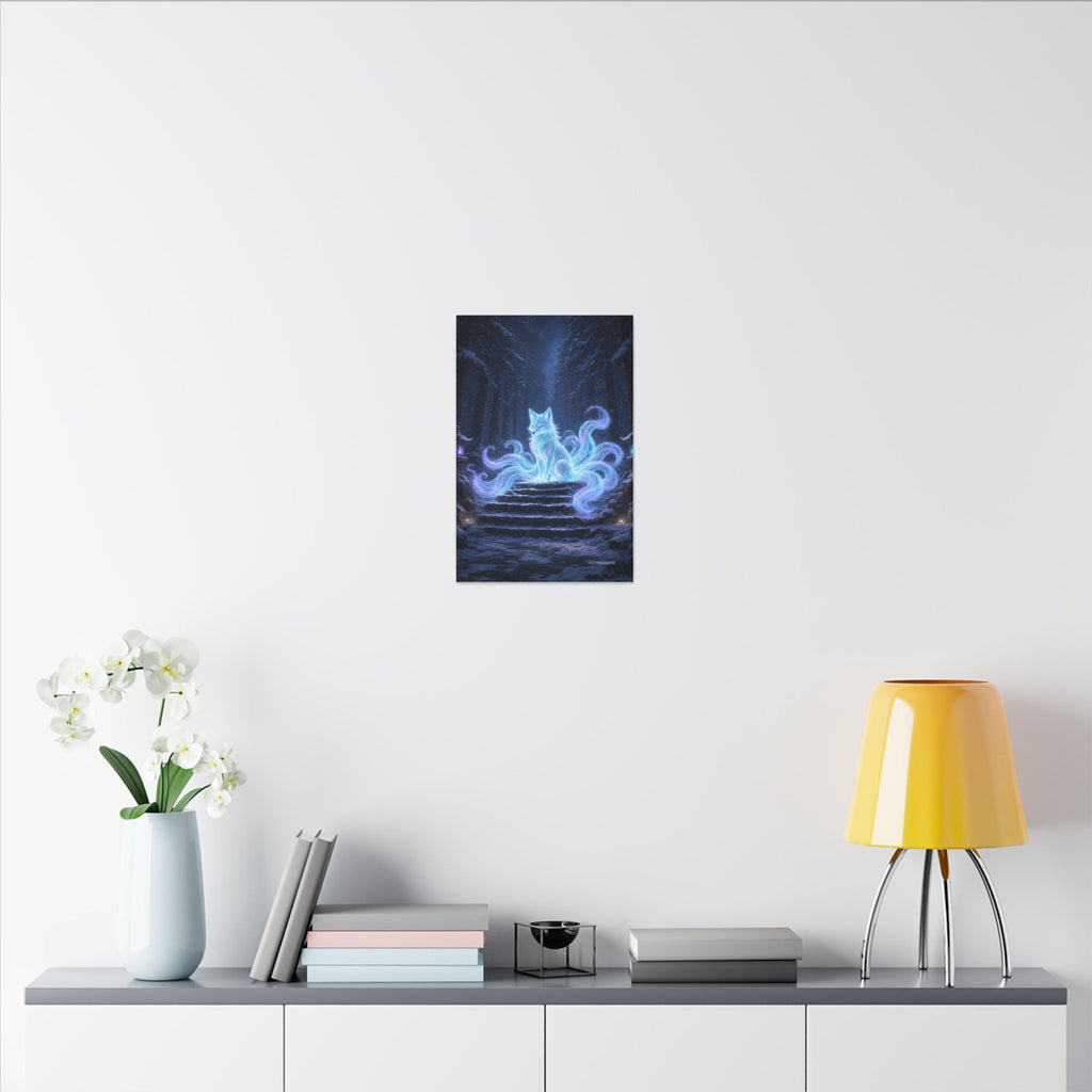Snow Shrine Kitsune canvas hanging above a dark gaming desk with neon lighting, view 8 of 8
