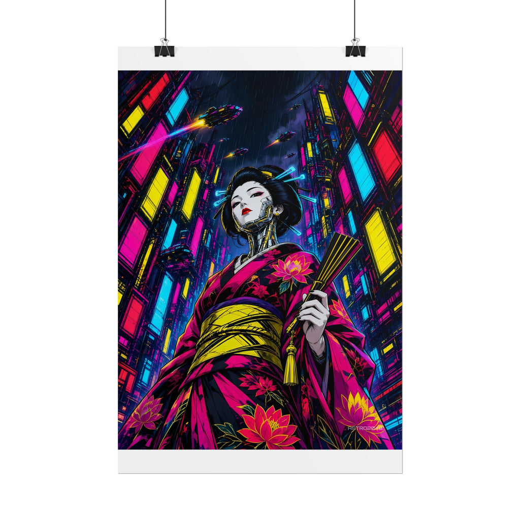 Chrome Lotus Geisha poster hanging above a dark gaming desk with neon lighting, view 3 of 8