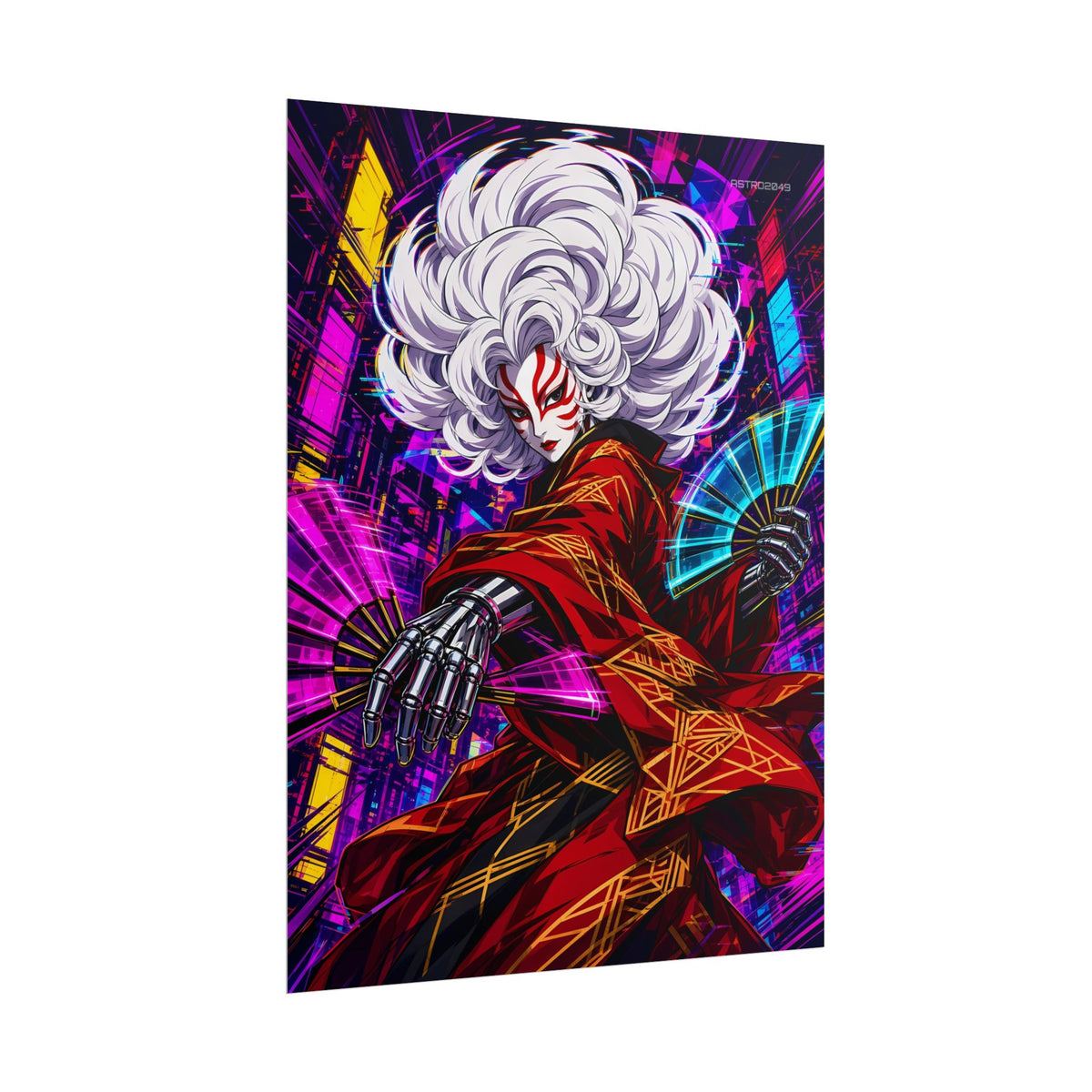 Kabuki Glitch Dancer poster hanging above a dark gaming desk with neon lighting, view 7 of 8