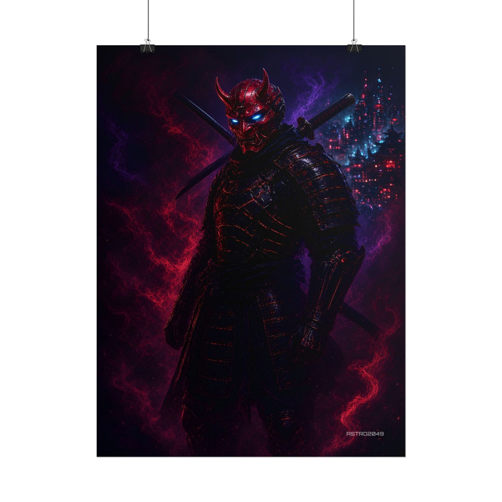 Oni Mask Ronin poster hanging above a dark gaming desk with neon lighting, view 6 of 8