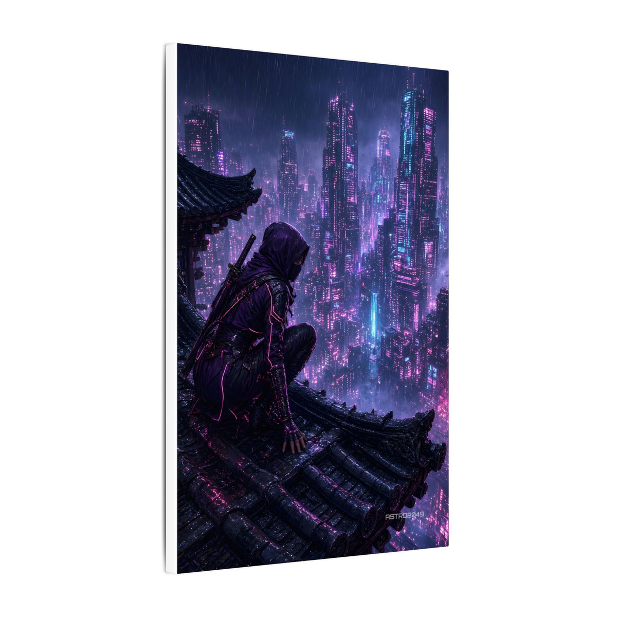Neon Rooftop Kunoichi canvas hanging above a dark gaming desk with neon lighting, view 6 of 8