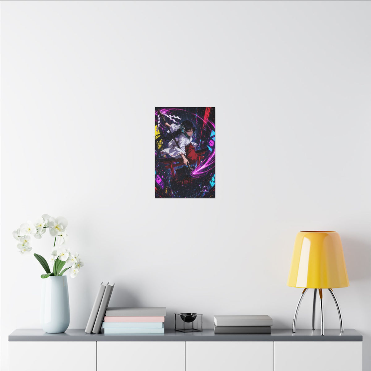 Neon Shrine Maiden canvas hanging above a dark gaming desk with neon lighting, view 8 of 8