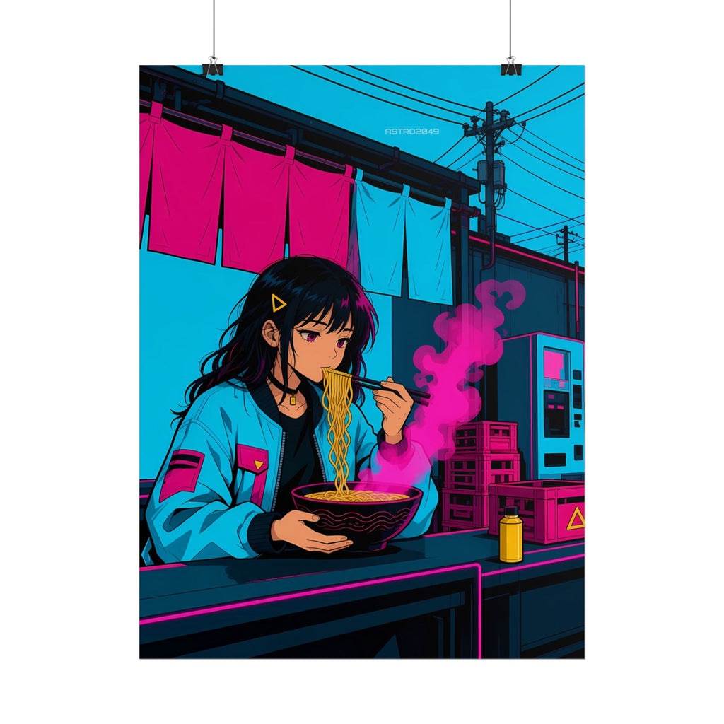 Ramen Stall Messenger poster hanging above a dark gaming desk with neon lighting, view 6 of 8