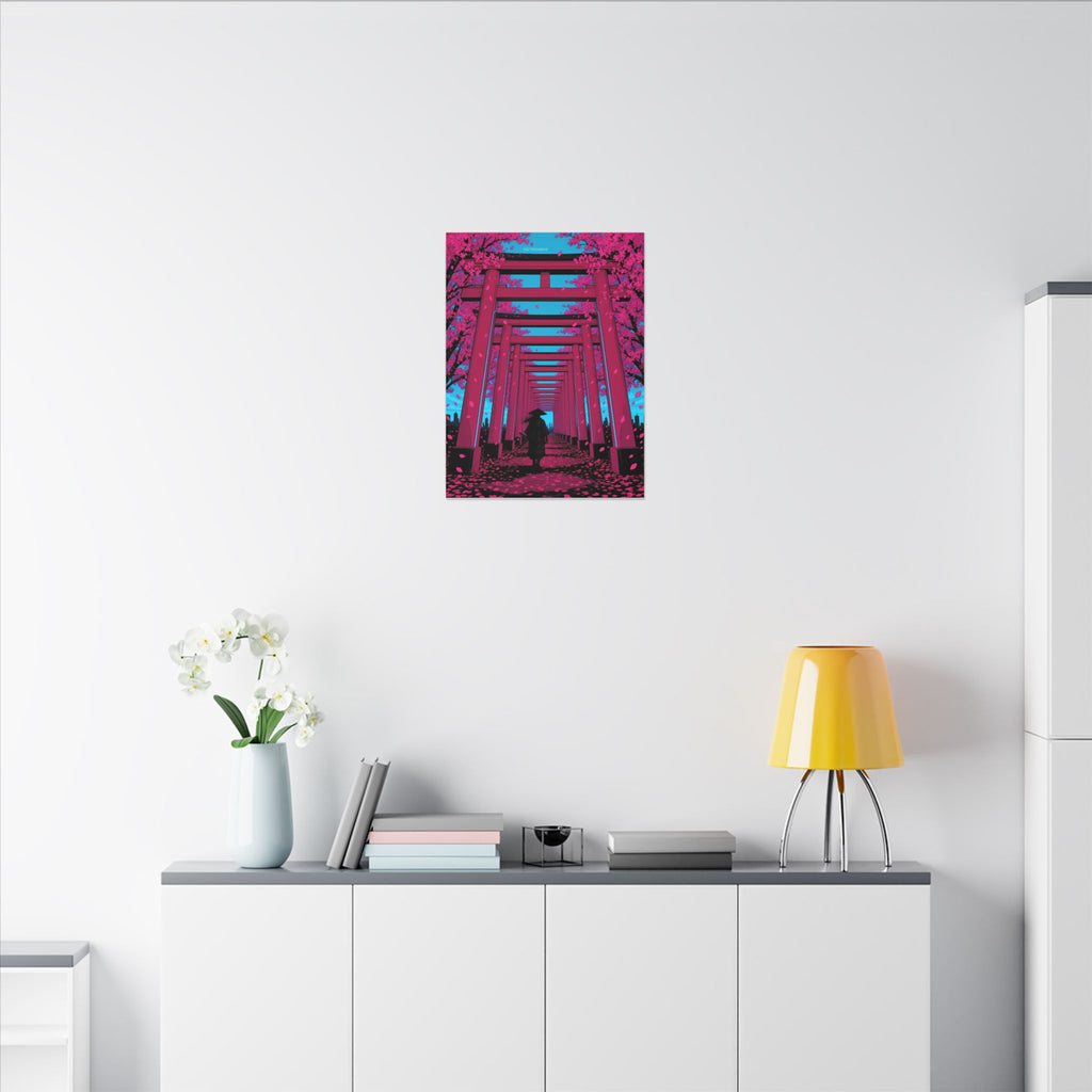 Torii Tunnel Samurai canvas hanging above a dark gaming desk with neon lighting, view 5 of 8