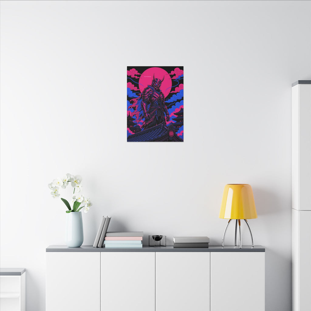 Temple Roof Oni Warlord canvas hanging above a dark gaming desk with neon lighting, view 5 of 8